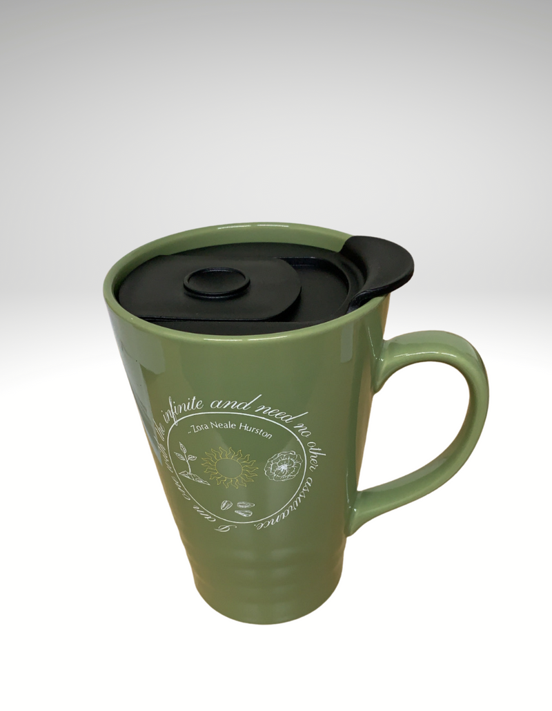 Green coffee mug with black lid
