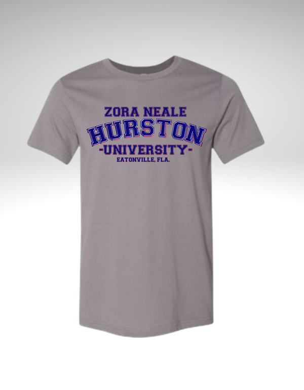 Gray unisex T-shirt with blue and red University lettering that says Zora Neale Hurston University
